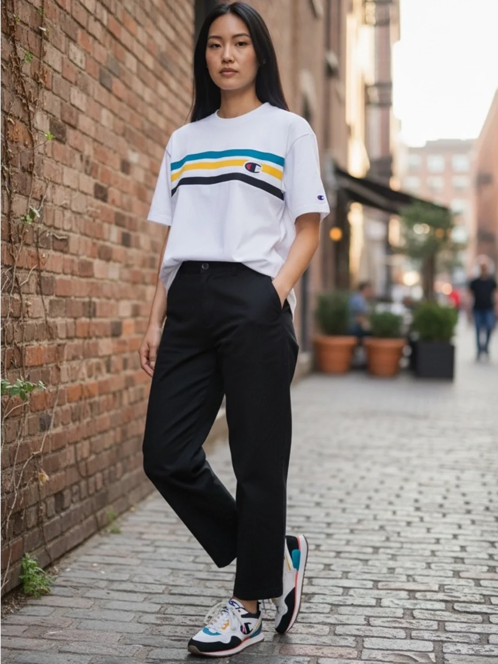 Champion White Black‎ Retro Runner Sneakers with Blue and Yellow Accents